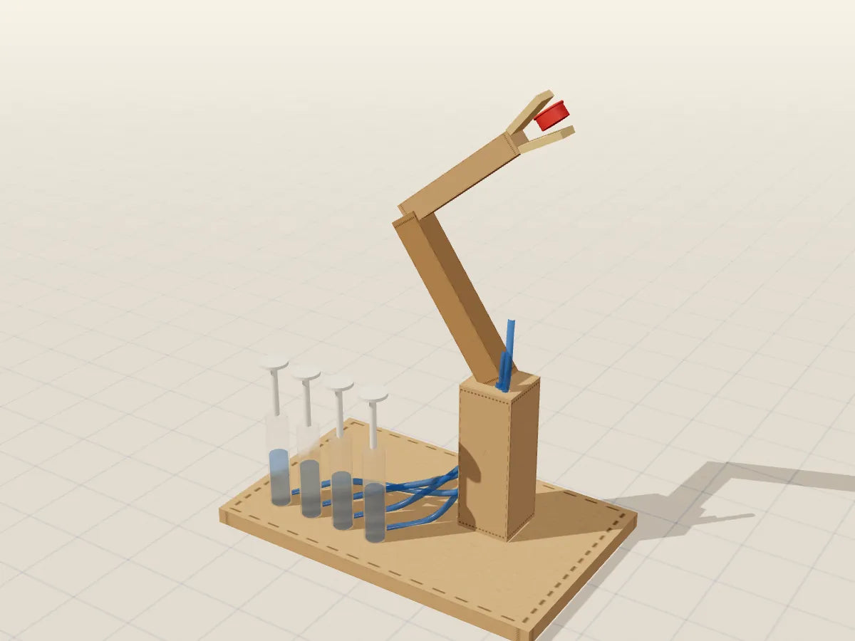 Ilustración 3D del proyecto Brazo hidráulico con jeringas, hecho con cartón reciclado