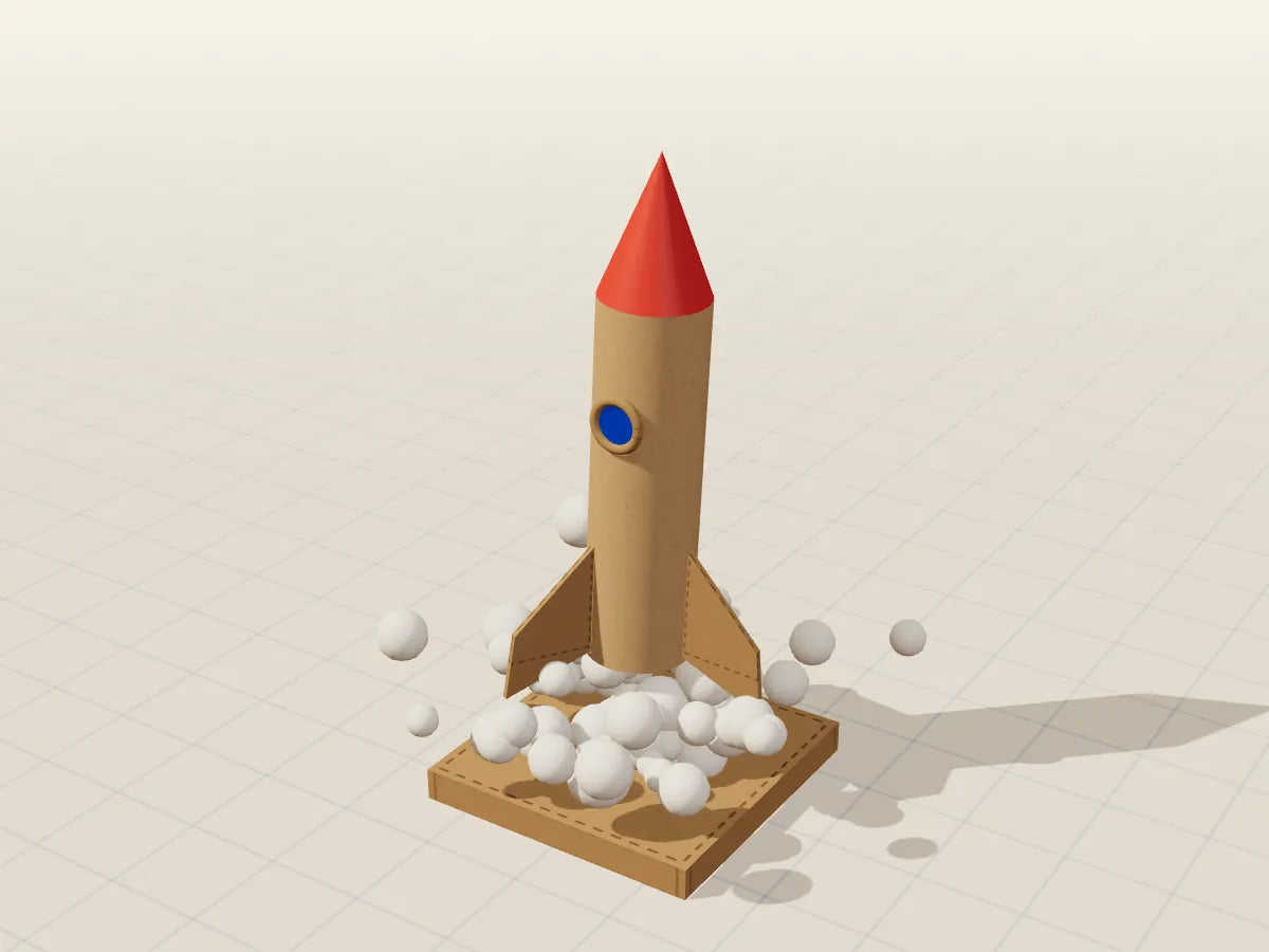 Ilustración 3D del proyecto Cohete de bicarbonato, hecho con cartón reciclado