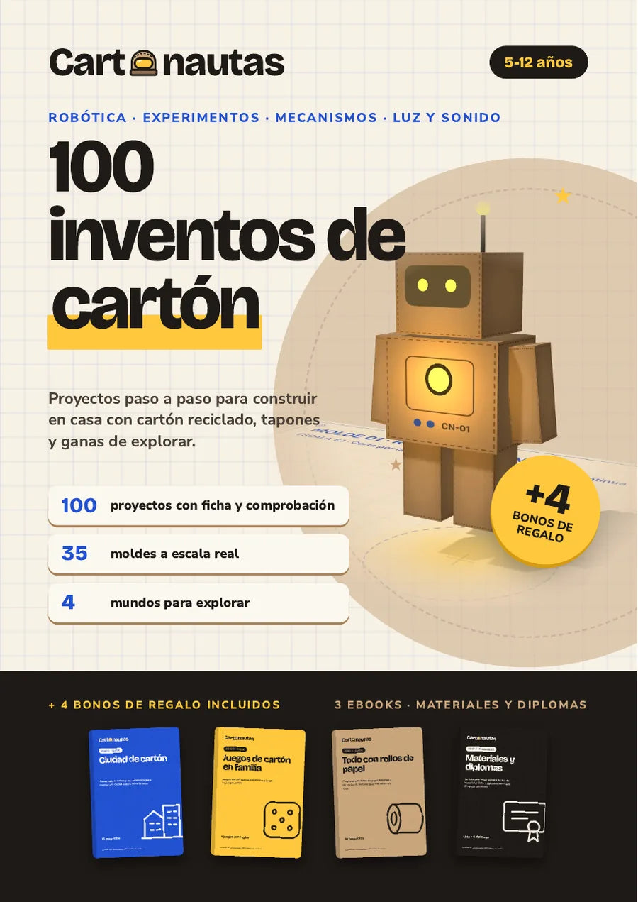 Portada del libro Cartonautas: 100 inventos de cartón con el robot astronauta