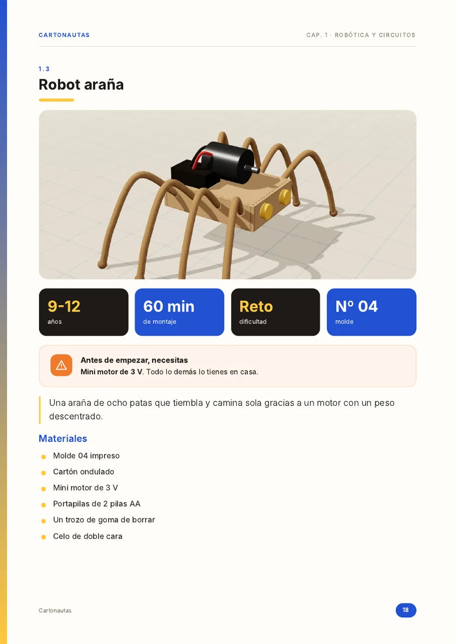 Ficha del proyecto Robot araña con ilustración, edad, tiempo, dificultad, aviso de material y lista de materiales