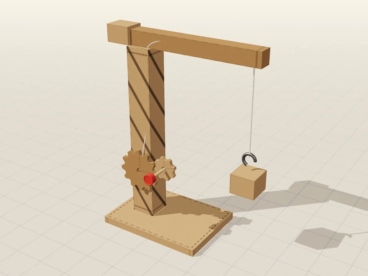 Ilustración 3D del proyecto Grúa con engranajes, hecho con cartón reciclado